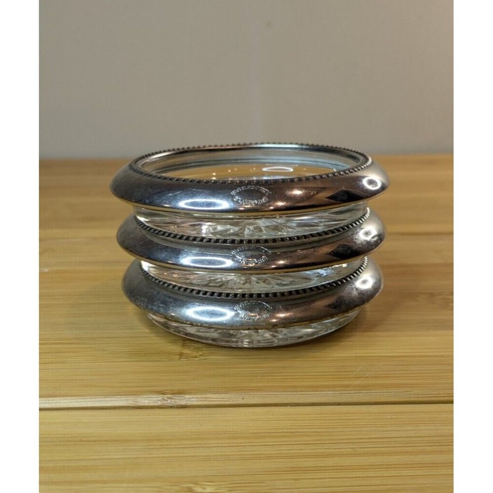 W&S Blackinton‎ Silver Plate Trim Glass Coasters Sunburst Italy Set of 3 Vintage